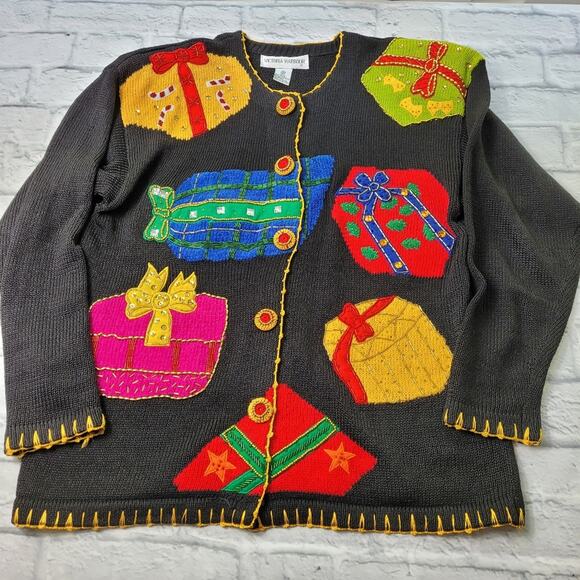 Vintage Victoria Harbour Holiday Presents Embellished Applique Cardigan size Med - Picture 3 of 14